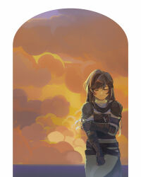Rule 34 | 1girl, absurdres, arm guards, armor, brown gloves, brown hair, closed eyes, closed mouth, cloud, cloudy sky, fingerless gloves, gloves, grey pants, grey shirt, highres, long hair, orange sky, outdoors, pants, pauldrons, remosea, rosa (tears of themis), shirt, shoulder armor, sky, solo, sunset, tears of themis