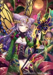Rule 34 | 1girl, black thighhighs, blue hair, breasts, butterfly wings, double bun, floating hair, flower, full moon, gabiran, gradient hair, grey eyes, hair between eyes, hair bun, hair flower, hair ornament, heterochromia, holding, holding staff, insect wings, long hair, looking at viewer, moon, multicolored hair, official art, parted lips, red sky, shinkai no valkyrie, silver hair, sitting, sky, small breasts, solo, staff, thighhighs, very long hair, waist cape, wings, yellow eyes, yellow flower, yellow wings