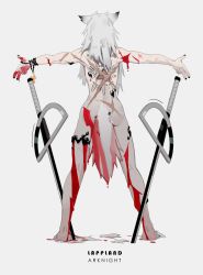 Rule 34 | 1girl, animal ears, arknights, back, back tattoo, bare shoulders, barefoot, black nails, bleeding, blood, highres, knifedragon, lappland (arknights), long hair, material growth, nail polish, nude, oripathy lesion (arknights), rosary, scar, solo, tail, tattoo, white background, white hair, wolf ears, wolf girl, wolf tail