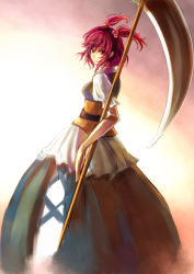 Rule 34 | 1girl, bad id, bad pixiv id, female focus, hair bobbles, hair ornament, light smile, looking at viewer, looking back, onozuka komachi, red eyes, red hair, ria (rilpoppo), scythe, short hair, solo, standing, touhou, twintails, two side up