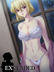 Rule 34 | 00s, 1girl, :d, blonde hair, blush, bow, bow panties, bra, breasts, circle epion, cleavage, covered erect nipples, gundam, gundam seed, gundam seed destiny, hip focus, indoors, large breasts, leaf, lingerie, looking at viewer, military, military uniform, naughty face, navel, night, night sky, off shoulder, open clothes, open mouth, open shirt, panties, pink eyes, red eyes, shirt, short hair, silhouette, sky, smile, solo, standing, stellar loussier, thigh gap, thighs, underwear, underwear only, undressing, uniform, white bra, white panties, wide hips, window