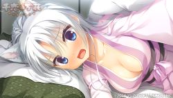 Rule 34 | 1girl, animal ears, artist request, blue eyes, blush, breasts, cleavage, copyright notice, dog ears, game cg, highres, long hair, looking at viewer, lying, on side, open mouth, senren banka, solo, tagme, tomotake yoshino, upper body, watermark, white hair, yuzusoft