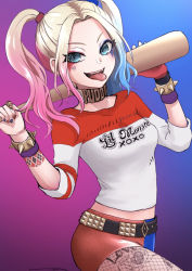 Rule 34 | 1girl, baseball bat, batman (series), belt, blue eyes, bracelet, breasts, choker, colored tips, dc comics, harley quinn, highres, holding, holding baseball bat, jewelry, long hair, makeup, multicolored hair, parted bangs, purple background, simple background, solo, suicide squad, tattoo, twintails, weapon