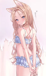 Rule 34 | animal ears, arms behind back, ass, blonde hair, blue eyes, blush, bra, cherry blossoms, dog ears, forehead, frilled bra, frilled panties, frills, from behind, highres, long hair, looking back, mouth hold, no tail, original, own hands together, panties, petals, ponpon nun, simple background, smile, solo, underwear, white background, white bra, white panties