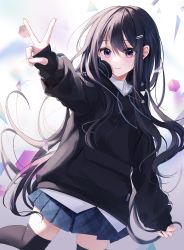 Rule 34 | 1girl, absurdres, black hair, black hoodie, black thighhighs, blue skirt, blurry, blurry background, blush, closed mouth, collared shirt, hair ornament, hairclip, highres, hood, hoodie, huge filesize, leg up, long hair, long sleeves, looking at viewer, myowa, original, outstretched arm, plaid, plaid skirt, pleated skirt, purple eyes, shirt, skirt, smile, solo, standing, standing on one leg, thighhighs, v, white shirt