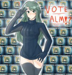Rule 34 | 1girl, alm (fire emblem), text background, blush, breasts, character name, closed mouth, collarbone, collared dress, crown, curvy, dress, embarrassed, english text, facing viewer, fire emblem, fire emblem echoes: shadows of valentia, fire emblem gaiden, fire emblem heroes, frown, genderswap, genderswap (mtf), gloves, green eyes, green hair, hair between eyes, hand on own hip, highres, long hair, long sleeves, looking at viewer, medium breasts, nintendo, solo, standing, sweater, thighhighs, thighs, tridisart, v