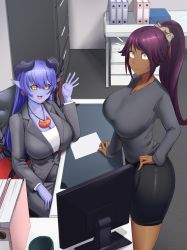 Rule 34 | 2girls, absurdres, astaroth (shinrabanshou), bamboowacker, bike shorts, black sclera, bleach, blue hair, blue skin, breasts, chair, cleavage, colored sclera, colored skin, commission, computer, crossover, dark-skinned female, dark skin, demon girl, demon horns, desk, earrings, file cabinet, folder, formal, from above, grey jacket, grey skirt, grey sweater, hair between eyes, hand on own thigh, hand on table, heart, heart earrings, high ponytail, highres, horns, huge breasts, indoors, jacket, jewelry, large breasts, long hair, looking at viewer, looking up, monitor, multiple girls, office, office chair, office lady, open mouth, pencil skirt, pointy ears, purple hair, shihouin yoruichi, shinrabanshou, shirt, sitting, skirt, skirt suit, standing, suit, sweater, swivel chair, white shirt, yellow eyes