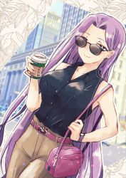 Rule 34 | 1girl, alternate costume, amato nagi, black shirt, breasts, buttons, city, coffee cup, cup, disposable cup, dutch angle, fate (series), forehead, hand up, highres, holding, holding cup, long hair, looking at viewer, medusa (fate), medusa (rider) (fate), purple eyes, purple hair, shirt, sleeveless, sleeveless shirt, solo, sunglasses, very long hair
