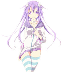 Rule 34 | 10s, 1girl, aged up, alternate hair length, alternate hairstyle, blush, choker, choujigen game neptune mk2, clothes pull, collarbone, cosplay, d-pad, female focus, hair ornament, hood, hoodie, izana, long hair, minagi, nepgear, neptune (neptunia), neptune (neptunia) (cosplay), neptune (series), no pants, purple eyes, purple hair, shirt pull, smile, solo, striped clothes, striped thighhighs, thighhighs, uranaishi (miraura)