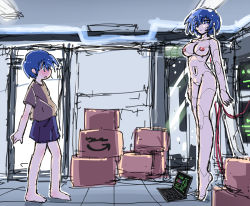Rule 34 | absurdres, amazon (company), aoba (aunana), bad source, blue eyes, blue hair, blue shorts, blush, box, breasts, brown shirt, cable, clothed male nude female, computer, cyborg, embarrassed, empty eyes, highres, joints, laptop, large breasts, le, miyuki mama, mother and child, mother and son, nipples, nude, robot joints, shirt, shorts