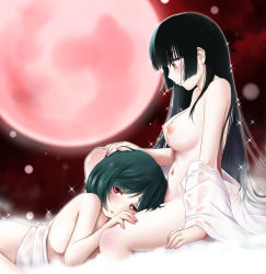 Rule 34 | 2girls, black hair, blush, breasts, commentary request, enma ai, from side, full moon, hand on another&#039;s head, hand on another&#039;s thigh, jigoku shoujo, kozue akari, lap pillow, long hair, medium breasts, moon, multiple girls, navel, nude, parted lips, red eyes, red moon, sagae michiru, sitting, sparkle, yuri