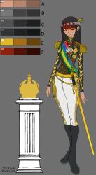 1girl absurdres brazil concept_art crown empress gold gold_trim hair_ornament highres kuruminha native_american non-web_source original royal_robe saber_(weapon) sketch sword template wankofool weapon