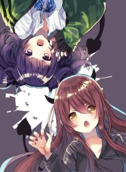 Rule 34 | 2girls, black hoodie, black nails, blue bow, bow, bowtie, brown hair, chestnut mouth, commentary request, demon horns, demon tail, diagonal bangs, green jacket, highres, hood, hoodie, horns, idolmaster, idolmaster shiny colors, ikusa (puchi), jacket, long hair, long sleeves, looking at viewer, multiple girls, nail polish, open mouth, osaki tenka, plaid, plaid bow, purple eyes, purple hair, school uniform, shirt, short twintails, simple background, tail, tanaka mamimi, twintails, upper body, white shirt, yellow eyes
