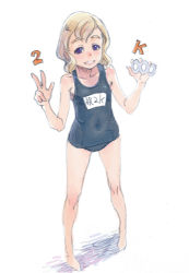 Rule 34 | 1girl, 2000, blonde hair, lowres, milestone celebration, name tag, one-piece swimsuit, original, school swimsuit, simple background, solo, swimsuit, weno, weno&#039;s blonde original character
