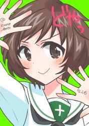 Rule 34 | 1girl, akiyama yukari, arm up, brown eyes, brown hair, closed mouth, commentary, dated, doyagao, girls und panzer, green background, hinase (twoxout), looking at viewer, messy hair, portrait, short hair, simple background, smirk, smug, solo, translated, twitter username