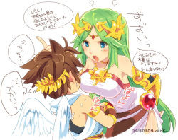 Rule 34 | 10s, 1boy, 1girl, 2012, age difference, angel, angel wings, blue eyes, blush, bouncing breasts, bracer, breasts, brown hair, child, choker, crown, dated, ear blush, from behind, frown, gauntlets, green hair, hirano kei, jewelry, kid icarus, kid icarus uprising, large breasts, long hair, lots of jewelry, necklace, nintendo, onee-shota, open mouth, palutena, pit (kid icarus), scolding, short hair, translated, tunic, wings