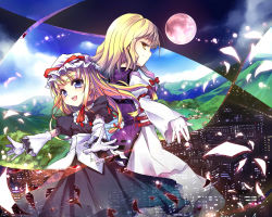Rule 34 | 2girls, age difference, back-to-back, blonde hair, blue eyes, choker, city, cityscape, detached sleeves, dual persona, female focus, gap (touhou), ghostly field club, gloves, highres, landscape, long hair, maribel hearn, moon, multiple girls, nature, no headwear, open mouth, outstretched arms, outstretched hand, ribbon, sho (runatic moon), smile, spread arms, touhou, yakumo yukari, yellow eyes