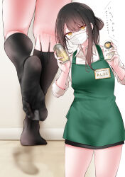 Rule 34 | 1girl, apron, ashiura-san (oouso), black hair, black skirt, black socks, breasts, can, collared shirt, commentary request, cowboy shot, feet, foot focus, footprints, green apron, hair between eyes, highres, holding, holding can, jitome, kneehighs, kneepits, legs, long hair, long sleeves, looking at viewer, lower body, mask, medium breasts, mole, mole under eye, mouth mask, multiple views, no shoes, oouso, original, partially translated, ponytail, shirt, sidelocks, skirt, socks, standing, standing on one leg, translation request, white shirt, yellow eyes