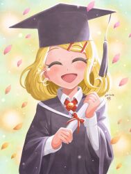 Rule 34 | 1girl, ^ ^, alternate costume, black hat, black robe, blonde hair, blush, closed eyes, collared robe, collared shirt, commentary request, crying, dated, eyelashes, falling petals, flying teardrops, graduation, green background, hair ornament, hairclip, happy tears, hat, hat tassel, highres, holding, holding scroll, layered sleeves, long sleeves, mortarboard, open mouth, original, petals, robe, scroll, shirt, short hair, signature, smile, sparkle, teardrop, tears, upper body, white shirt, wide sleeves, yamato koara