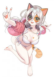 Rule 34 | 1girl, :3, ahoge, animal ears, bikini, black hair, blush, cat ears, cat girl, cat tail, etivka, female focus, furry, furry female, hair between eyes, highres, hood, hooded jacket, jacket, multicolored hair, open clothes, open jacket, open mouth, original, pawpads, pink jacket, simple background, solo, standing, standing on one leg, swimsuit, tail, v, white background, white bikini, white hair