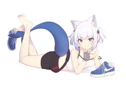 Rule 34 | 1girl, absurdres, animal ears, blue eyes, blue hair, blunt bangs, breasts, cat ears, fins, fish tail, gawr gura, hair ornament, highres, hololive, hololive english, holomyth, looking at viewer, medium hair, multicolored hair, nike (company), nike air force 1, shark girl, shark hair ornament, shark tail, sharp teeth, shoes, short shorts, shorts, small breasts, sneakers, solavit401, solo, streaked hair, sweat, tail, teeth, twintails, two side up, unworn shoes, virtual youtuber, white hair