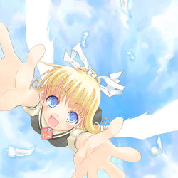 Rule 34 | 00s, 1girl, :d, air (visual novel), blonde hair, blue eyes, child, day, feathers, foreshortening, hair ribbon, kamio misuzu, kito (sorahate), lowres, open mouth, ribbon, school uniform, sky, smile, solo, wings
