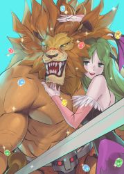 Rule 34 | 1boy, 1girl, abs, absurdres, animal ears, animal print, aqua background, barbarian, bare back, bare shoulders, bat print, bat wings, bengus, blue background, brown fur, capcom, capcom fighting collection, chest hair, cowboy shot, demon girl, fangs, gem, green eyes, green hair, hand on another&#039;s head, highres, holding, holding head, holding sword, holding weapon, leo (warzard), lion, lion ears, lion hair, looking at another, morrigan aensland, muscular, muscular male, open mouth, pantyhose, petting, print pantyhose, purple legwear, size difference, smile, snout, sword, teeth, tongue, upper teeth only, vampire (game), warzard, weapon, wings, yellow eyes