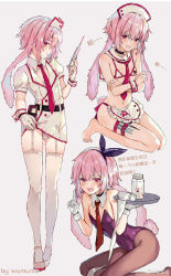 Rule 34 | 1boy, alternate costume, animal ears, ansel (arknights), arknights, artist name, black pantyhose, blush, bra, bulge, chinese text, collared shirt, covered navel, crossdressing, embarrassed, flag, garter straps, hat, highres, holding, holding tray, leotard, looking at viewer, male focus, male playboy bunny, medium hair, micro bra, navel, necktie, nurse, nurse cap, open mouth, pantyhose, pink eyes, pink hair, playboy bunny, purple leotard, rabbit boy, rabbit ears, rabbit tail, red necktie, shirt, sitting, solo, stomach, tail, thigh strap, thighhighs, trap, tray, underwear, weibo watermark, white bra, white footwear, white thighhighs, white wristband, wumumu