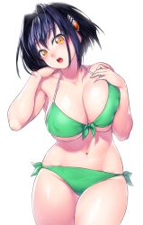 Rule 34 | 1girl, bikini, black hair, blush, breasts, character request, cleavage, green bikini, hair intakes, hair ornament, highres, large breasts, onsoku inu, open mouth, short hair, solo, super robot wars, super robot wars judgement, swimsuit, yellow eyes