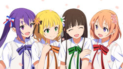 Rule 34 | 4girls, :d, alternate costume, arm grab, black bow, blonde hair, blurry, blurry foreground, bow, bowtie, brown hair, cherry blossoms, closed eyes, closed mouth, collared shirt, flower, gochuumon wa usagi desu ka?, green bow, green eyes, hair bow, hair flower, hair ornament, highres, hoto cocoa, kirima syaro, long hair, multiple girls, natuich, open mouth, orange flower, orange neckwear, pink flower, purple bow, purple eyes, purple hair, red bow, red neckwear, school uniform, shirt, short hair, short sleeves, simple background, smile, straight hair, striped, striped bow, sweater, sweater vest, tedeza rize, twintails, ujimatsu chiya, upper body, white background, white flower, white shirt, white sweater, wing collar