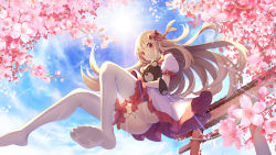 Rule 34 | 1girl, ass, backlighting, blue sky, blush, bow, cherry blossoms, cloud, dress, expressionless, floating, floating hair, frilled dress, frilled straps, frills, from below, full body, hair between eyes, hair bow, holding, holding stuffed toy, keisenko, light particles, light rays, long hair, looking at viewer, no shoes, original, petals, puffy short sleeves, puffy sleeves, red bow, red eyes, rope, shimenawa, short sleeves, sky, soles, solo, stuffed animal, stuffed toy, sun, sunbeam, sunlight, teddy bear, thigh strap, thighhighs, torii, touhou, tree, very long hair, white dress, z.o.b