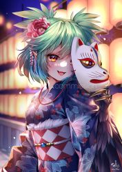 Rule 34 | 1girl, black feathers, black wings, claws, commentary request, commission, feathers, fox mask, green hair, harpy, highres, indie virtual youtuber, japanese clothes, kimono, lincoro, mask, monster girl, open mouth, pointy ears, red eyes, short hair, short twintails, solo, twintails, virtual youtuber, winged arms, wings, yukata, yukimichi (nieko)