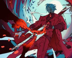 Rule 34 | 1boy, animal, belt, bird, bleeding, blood, blood from mouth, blood on face, blood on hands, bloody weapon, blue eyes, coat, dante (devil may cry), devil may cry (series), devil may cry 1, endo (takolegs), grin, hair over one eye, highres, injury, male focus, red coat, silhouette, sketch, sleeves rolled up, smile, solo, stab, sword, teeth, torn clothes, weapon, white hair