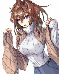 Rule 34 | 1girl, alternate costume, alternate eye color, breasts, brown hair, brown shawl, highres, kantai collection, large breasts, long hair, long sleeves, messy hair, purple eyes, shawl, sheffield (kancolle), simple background, solo, sweater, tonke, turtleneck, turtleneck sweater, white background, white sweater