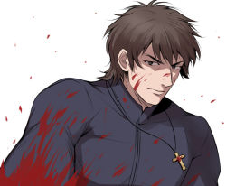 Rule 34 | 1boy, bad id, bad pixiv id, blood, brown eyes, brown hair, cross, cross necklace, fate/zero, fate (series), jewelry, koori (haraiso), kotomine kirei, male focus, necklace, punching, solo