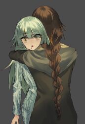Rule 34 | 2girls, black jacket, blue shirt, braid, brown eyes, brown hair, closed mouth, eyepatch, female commander (girls&#039; frontline), girls&#039; frontline, green hair, grey background, hug, jacket, long hair, long sleeves, looking at viewer, m16a1 (girls&#039; frontline), mole, mole under eye, multicolored hair, multiple girls, scar, shirt, simple background, smile, xanax025, yellow eyes, yellow shirt