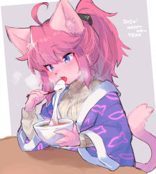 Rule 34 | 1girl, 2020, ahoge, animal ear fluff, animal ears, animal nose, blue eyes, blush, body fur, cat, cat ears, cat girl, cat tail, chopsticks, claws, commentary request, eating, furry, furry female, hair between eyes, happy new year, highres, holding, holding chopsticks, long hair, new year, open mouth, original, pink fur, ponytail, ribbed sweater, simple background, snout, solo, suurin (ksyaro), sweater, tail, upper body