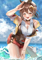 Rule 34 | 1girl, 404 (pixiv 94263879), absurdres, atelier (series), atelier ryza, atelier ryza 3, bare legs, beach, blush, braid, breast pocket, breasts, brown hair, brown vest, choker, cleavage, clover hair ornament, collarbone, commentary, crown braid, dangle earrings, earrings, hair ornament, highres, jewelry, large breasts, no gloves, no shoes, pocket, red shorts, reisalin stout, short shorts, shorts, sleeveless, sleeveless jacket, star (symbol), star choker, star earrings, thighs, vest, white headwear, x hair ornament, yellow eyes