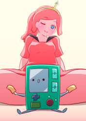 Rule 34 | 1girl, ;), adventure time, aln, bad id, bad tumblr id, blue eyes, blush, bmo, breasts, bright pupils, censored, colored skin, dress, hairband, long hair, medium breasts, mike inel, novelty censor, one eye closed, pink dress, pink hair, pink skin, ponytail, princess bonnibel bubblegum, princess chewypaste, sailor collar, sitting, smile, solo, spread legs, tape, thighs, wink