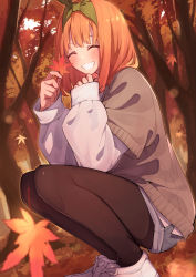 Rule 34 | 1girl, :d, absurdres, autumn, autumn leaves, black pantyhose, blush, brown sweater, closed eyes, day, facing viewer, falling feathers, feathers, feet out of frame, go-toubun no hanayome, green ribbon, grey shorts, grin, hair ribbon, highres, holding, holding leaf, leaf, long hair, long sleeves, maple leaf, nakano yotsuba, open mouth, orange hair, outdoors, pantyhose, parted lips, ribbon, shirt, shoes, shorts, sleeves past wrists, smile, sneakers, solo, squatting, sweater, tamago sando, tree, white footwear, white shirt