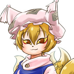 Rule 34 | 1girl, animal ears, animal hat, profile picture, blonde hair, chamaji, commentary request, dress, fox ears, fox tail, hair between eyes, hat, kitsune, kyuubi, looking at viewer, lowres, mob cap, multiple tails, mob cap, short hair, signature, smile, solo, tabard, tail, tassel, touhou, white dress, yakumo ran, yellow eyes