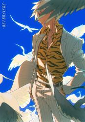 Rule 34 | 1boy, 2021, akagi: yami ni oritatta tensai, akagi shigeru, animal print, artist request, bird, dated, formal, fukumoto mahjong, shirt, short hair, sketch, sky, smile, solo, source request, standing, suit, ten (manga), tiger stripes, white hair, white suit