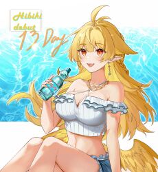 Rule 34 | 1girl, antenna hair, bare shoulders, blonde hair, blue shorts, bottle, braid, breasts, character name, cleavage, criss-cross halter, crop top, earrings, feet out of frame, halterneck, hand up, hibiki (vtuber), highres, holding, holding bottle, jewelry, knees up, large breasts, long hair, low wings, meridian project, navel, necklace, open mouth, orange eyes, pointy ears, ramune, shirt, short shorts, shorts, sidelocks, sitting, smile, solo, tobunchudoku, virtual youtuber, white shirt, wings