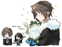 Rule 34 | 1boy, 1girl, black hair, black jacket, blue dress, blush, bouquet, brown hair, character name, chibi, clear 2758, closed eyes, confetti, crossed arms, dress, earrings, final fantasy, final fantasy viii, flower, food, fur-trimmed jacket, fur trim, happy birthday, holding, holding bouquet, holding food, jacket, jewelry, long hair, long sleeves, looking at viewer, looking back, open mouth, parted bangs, pie, rinoa heartilly, scar, scar on face, scar on forehead, short hair, single earring, smile, squall leonhart, sweatdrop, white background