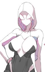 Rule 34 | 1girl, bodysuit, breasts, covered navel, gwen stacy, hand on own hip, hood, hood up, hooded bodysuit, large breasts, looking at viewer, marvel, mask, sketch, solo, spider-gwen, spider-man (series), superhero costume, upper body, white background, white bodysuit, xiangzi box