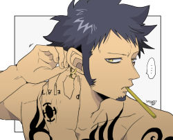 Rule 34 | ..., 1boy, adjusting earrings, artist name, bad id, bad pixiv id, black hair, closed mouth, earrings, facial hair, hands up, highres, hoop earrings, jewelry, male focus, multiple earrings, one piece, simple background, solo, speech bubble, tattoo, tbt, toothbrush, toothbrush in mouth, topless male, trafalgar law, yellow eyes
