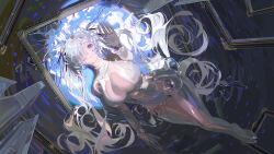 1girl absurdres armpit_cutout blue_eyes bodysuit cinderella_(nikke) cleavage_cutout clothing_cutout goddess_of_victory:_nikke hair_over_one_eye highres horns leg_cutout mechanical_horns navel_cutout one_eye_covered see-through_clothes see-through_skirt shiny_eyes skirt solo stomach_cutout tamomoko white_bodysuit