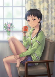 Rule 34 | 1girl, bad id, bad pixiv id, barefoot, black hair, brown eyes, cardigan, chair, collarbone, cup, curtains, feet, feet on chair, flower, hashi, indoors, jewelry, long hair, looking at viewer, mug, original, plaid, plaid shorts, ponytail, ring, shorts, sitting, solo, window