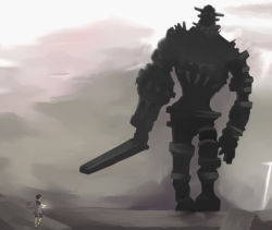 Rule 34 | 1boy, battle, colossus, gaius (shadow of the colossus), game console, giant, male focus, outdoors, playstation 2, shadow of the colossus, solo, sword, video game, wander (shadow of the colossus), weapon