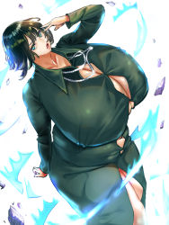 Rule 34 | 1girl, breasts, bursting breasts, dress, fubuki (one-punch man), gigantic breasts, green dress, green eyes, jewelry, necklace, one-punch man, open mouth, plump, seinto (metameter), short hair, solo, telekinesis, veins, veiny breasts